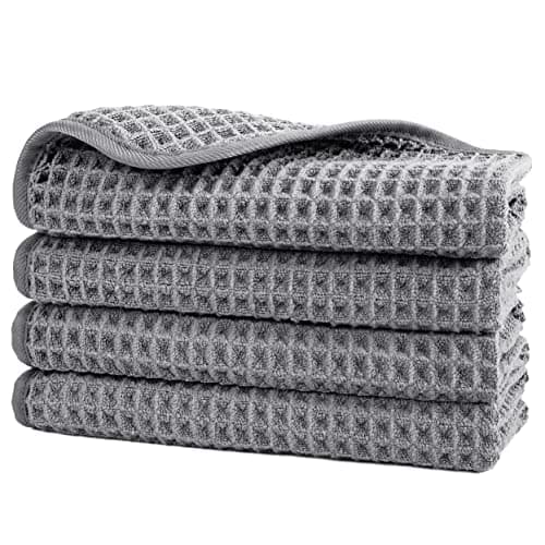 POLYTE Microfibre Lint Free Washcloth Face Towel, 33 x 33 cm, 4 Pack (Grey, Waffle Weave)