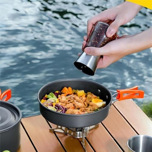 Hoquare Camping Cookware Set, 3pcs Nonstick Outdoor Aluminum Lightweight Camping Pan, Camping Pot, Portable 2-3 People Camping Cooking Kit for Travel, Camping, Hiking, Picnic, BBQ (Orange) — view 5