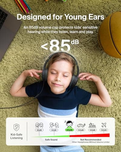 Belkin SoundForm Mini Kids Wired Headphones with USB-C to 3.5mm Dongle, Built-in Mic & Fun Stickers, 85dB Max Volume – for Online Learning, Travel, Compatible with iPhone, iPad, Galaxy, etc - Black — view 2