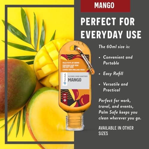 Palm Safe Mango 3 Pack 60ml Anti Bacterial Premium Hand Sanitiser Travel Size Refillable Clip Bottle Quick Drying Non Sticky Extra Moisturising Kills 99.9% of Viruses and Bacteria — view 5