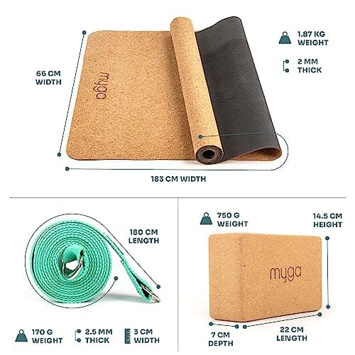 Myga Cork Yoga Starter Set - Cork Mat, 2 Blocks & Strap - Hot Yoga, Pilates & Fitness - Turquoise — view 6