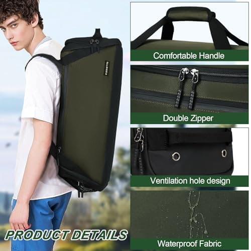 FIORETTO 45L Mens Sports Gym Bag with Wet Pocket & Shoe Compartment, Travel Duffle Bag Overnight Bag with Padded Shoulder Strap, Water-Resistant Holdall for Swimming, Basketball, Football Army Green — view 4