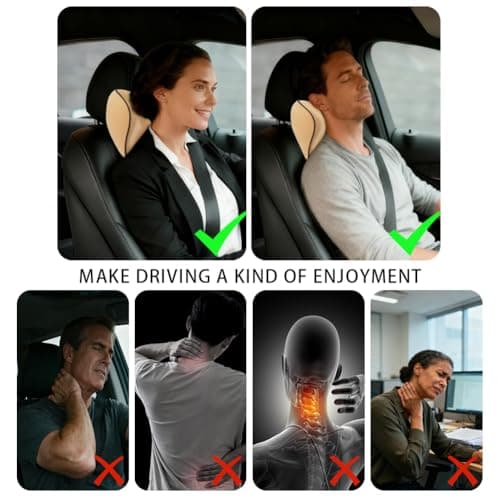 Alaoo Car Neck Support Pillow, Car Seat Headrest for Relieving Neck Fatigue with Adjustable Strap, Soft Memory Foam and Breathable Removable Cover for Passenger or Driver, Beige with Black Trim — view 4