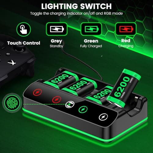 Charger with 4x6200mWh Rechargeable Battery Pack for Xbox One/Series X|S, Xbox One Series Controller Batteries Pack with Charging Station for XboxOne/S/X/Elite Controllers, Black — view 5