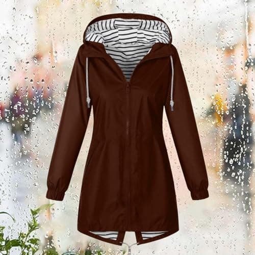 Gkojhj Women's Rain Jacket Lightweight Hooded Long Rain Coat Waterproof Jackets Functional Breathable Windbreaker Jacket Ladies Pack Away Active Outdoor Coats-1 — view 3