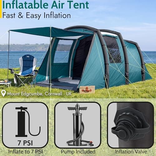 Trail Brazen Inflatable 4 Man Air Tent with Living Area, Family Camping Tunnel Tent, 5000mm Waterproof, Dark Zone Bedroom, Safety Purge Pump and Bag (L455cm x W270cm x H195cm) — view 2