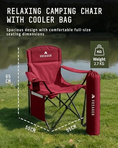 Voyager Folding Camping Chairs 2 Pack with Cooler Bag, Lightweight Q195 Steel Frame, 600D Oxford Fabric, Portable & Comfortable - Black (Red, Pouch) — view 2