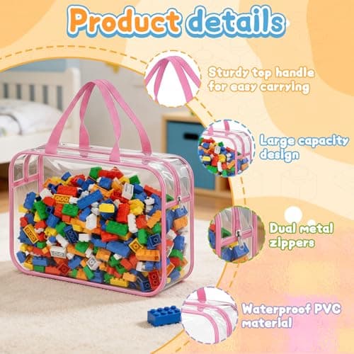 6 Pack Clear Toy Storage Bags with Handles Name Tag zip PVC Waterproof 11.8x8.6x3.9 Inch Organizer Bags for Building Blocks Puzzles Board Games Toy Organiser Bags for Toys (6 Colors) — view 3