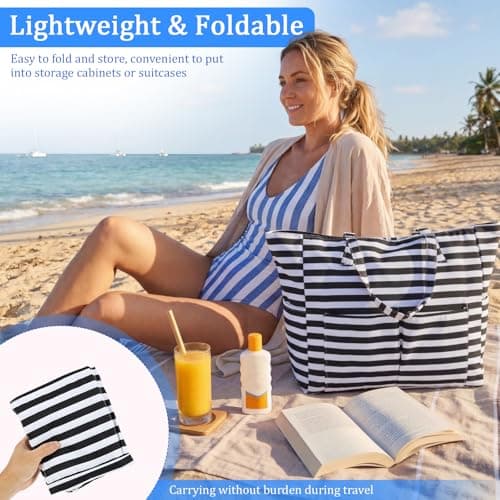 Large Beach Bag for Women with Zipper, Waterproof Summer Beach Tote Bags with Pockets, Holiday Essentials Family Travel Bag with Wet Compartment, Oxford Cloth Shopping Bags(Style 2) — view 5