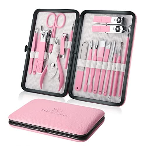 Manicure Set 18pcs Nail Clipper Kit Professional Grooming Kit, White Pink