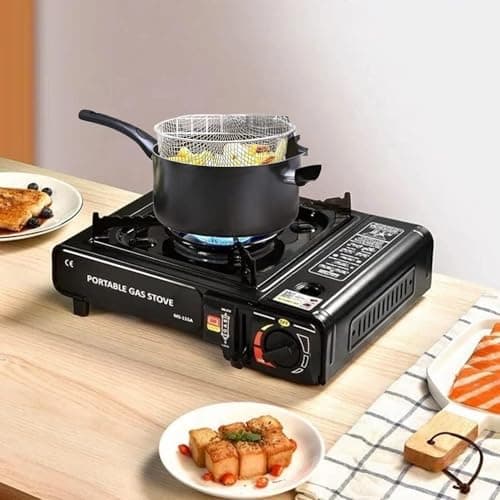 Camping 3 PIECE Cooking Set 8-Inch Nonstick Chip Pan with Lid & Basket and Portable Gas Stove with 4 Butane Canisters – Ideal for Deep Frying & Outdoor Indoor Cooking Camping Picnic Party BBQ. — view 4