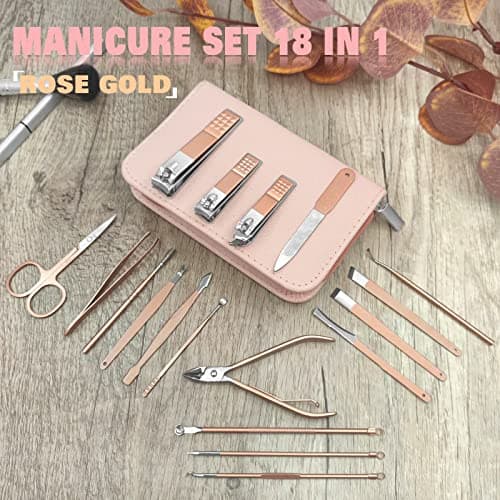 Manicure Set Professional Nail Clippers Kit Pedicure Care Tools with Zipped Bag for Women - 18 in 1 Grooming Tools Kit for Travel & Home（Rose Gold） — view 2