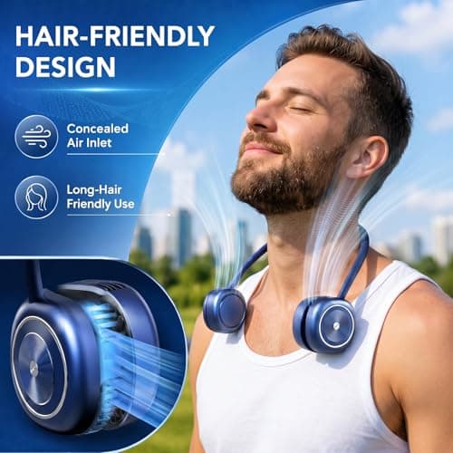 LUCYLANKER Foldable Neck Fan, Portable Neck Fan Rechargeable, Bladeless Quiet 360° Adjustable Personal Fan, 3 Speeds Hands Free Wearable Fan for Travel, Walking, Camping, Office, Navy Blue — view 5