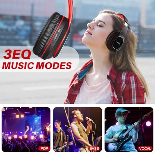WorWoder Wireless Headphones Over Ear, 80 Hours Playtime Bluetooth Headphones, Hi-Fi Stereo Sound with MIcrophone, Lightweight Headset with Deep Bass for Travel Work PC Cellphone(Black-Red) — view 3