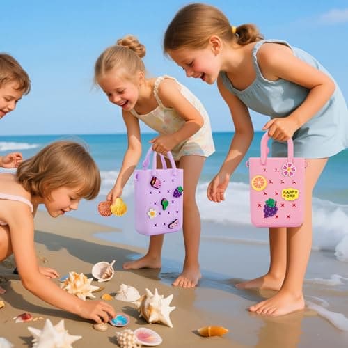 Oudizz Mini Rubber Tote Bag, EVA Waterproof Beach Tote for Little Girls And Woman, Silicone Hole Small Beach Tote for Travel Outdoor, Cute Rubber Beach Bag with 20 Charms & Adjustable Shoulder Strap — view 2