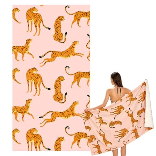 Large Quick Dry Microfibre Beach Bath Towel for Adult,Double Sides Pink Leopard Sand Free Beach Towel with Bag,Lightweight Gym Yoga Sports Towel,Compact Travel Summer Beach Towel for Women Men