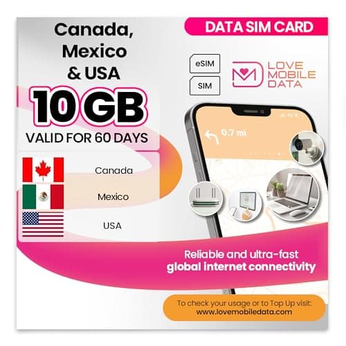 Love Mobile Data Only Sim Card - International Multi-Network 4G/5G Prepaid Pay As You Go Data Sim for Mobile Phones, WiFi Routers, & More, Mexico, Canada, USA & UK - 10GB for 60 Days