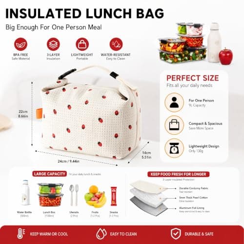 Qixkuric Lunch Bag, Corduroy Lunch Bag Waterproof Lunchbag Proof Corduroy Tote Bags Capacity Cooler Bags for Work School Picnic Travel 24 × 12 × 22cm (White Strawberries) — view 2