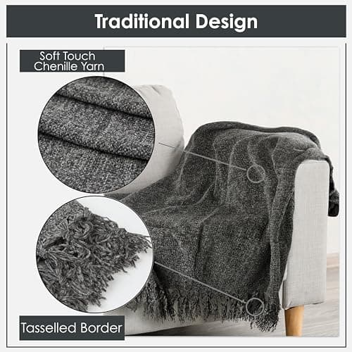Emma Barclay Throw Blanket For Sofas Bed Extra Large Soft Chenille Throws For Settees In Charcoal Throw Fleece Blankets - Darcy Collection 50" x 60" (127cm x 152cm) Charcoal — view 6