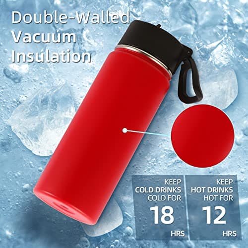 Volhoply 530ml 18oz Kids Insulated Water Bottle, Stainless Steel Water Bottles with Straw Lid, Wide Mouth Double Wall Vacuum Sports Travel Flask for Cold Drink (Red,1 Pack) — view 2