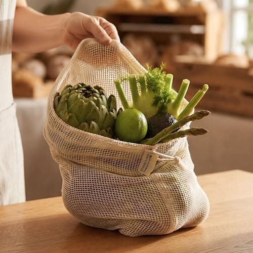 Studio Linen Reusable Produce Bags — Organic Cotton Mesh Bags for Fruit and Vegetables, Washable Drawstring Storage Bags, Set of 2 — view 6
