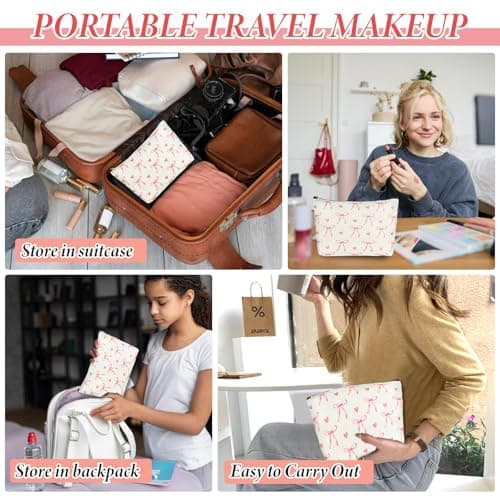1Pcs Pink Bow Makeup Bag for Women Girls, Cute Coquette Cosmetic Bags, Pink Lovely Heart and Bow Preppy Makeup Pouch with Zipper, Travel Toiletry Bag Gifts for Women Teens Girls, Beige — view 3