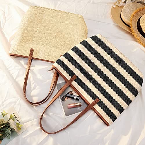 KALIDI Women Straw Tote Bag Summer Beach Woven Shoulder Handbag with Zip — view 3