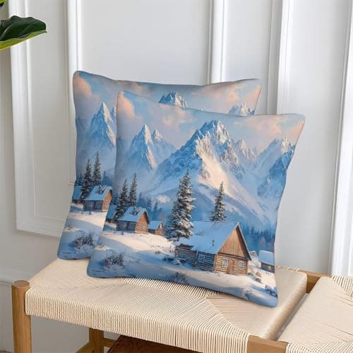 Winter Cabin Scene Organic Cotton Snowy Mountain LandscapePillow Slip Set of 2 Hypoallergenic Kids Toddler Double Bed UK Standard Size Eco-friendly Gift for Her Him 40x40cm — view 2