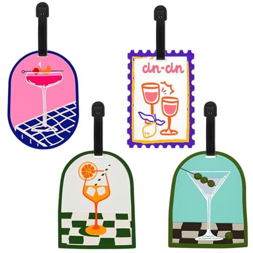 TamBee Luggage Tags for Suitcases Luggage Tags Labels Travel Suitcase Secure Baggage Labels with Buckles and Name ID Card, Unique Retro Cocktail Series (Retro Cocktail Set, 4 Pack)