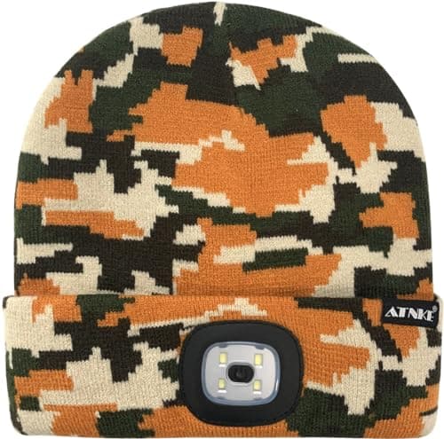 ATNKE LED Lighted Beanie Cap,USB Rechargeable Running Hat Ultra Bright 4 LED Waterproof Light Winter Warm Gifts for Men and Women/Camouflage Yellow — view 2