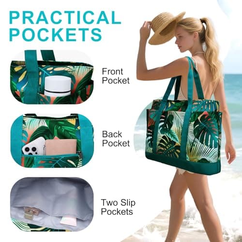 VASCHY Large Beach Bag with Zip, 30L Oversized Utility Travel Tote Bags for Women Waterproof Sandproof Summer Bag with Wet bag Foldable Handbag for Holiday Pool Gym Shopping Green Leaves — view 6