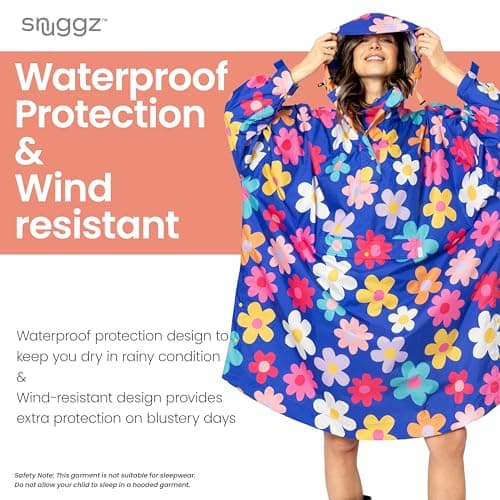 Adult Blue Floral Rain Poncho, Lightweight Waterproof Hooded Rain Coat — view 5