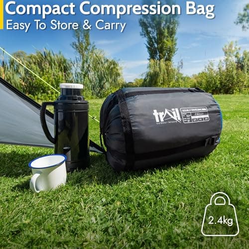 Trail Double Sleeping Bag For Adults, Envelope 2 Season Summer Spring Autumn 250gsm, Outdoor Camping, Lightweight Carry Bag, Storage Pockets, 200cm x 150cm — view 6