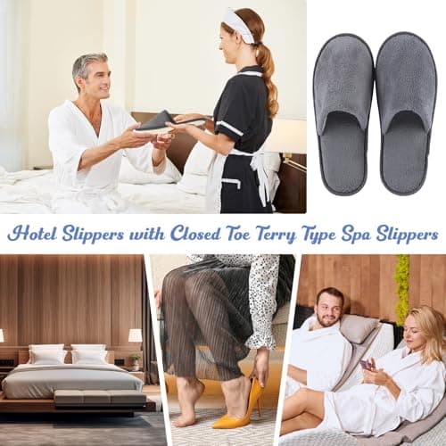 Defresit 10 Pairs of Towelling Hotel Slippers, Non-Disposable Deluxe Closed Toe Spa Slippers, Washable and Foldable Winter Slipper s for Spa, Party Guest and Travel(Grey) — view 2