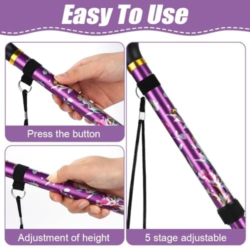 Flintronic Walking Stick, Folding Walking Stick, Adjustable Folding Walking Sticks, Collapsible Lightweight Flexible Stick, Comfortable Grip Durable Mobility Aid for Men Women, Purple Print — view 4