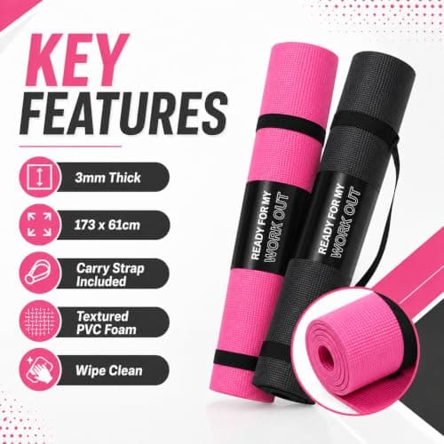 3mm Yoga Mat with Carry Strap, 173 x 61cm Lightweight Exercise Fitness Pilates Stretching Gym Mat, Pink or Black, Colour: Black — view 5