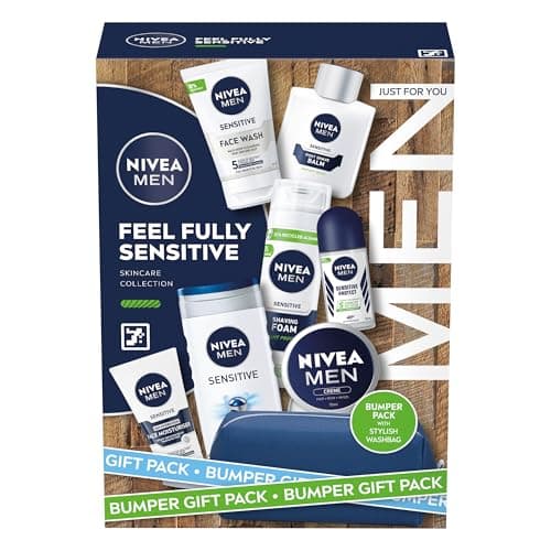 NIVEA MEN Feel Fully Sensitive Skincare Gift Set (8 Products), Includes Shower Gel, Anti-Perspirant, Face Wash, Shaving Foam, Post Shave Balm, Moisturisers, and Wash Bag