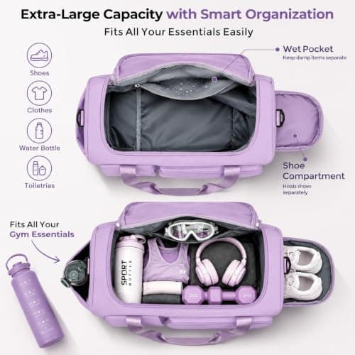 FIORETTO Gym Bag Womens, Sports Bag with Shoe Compartment, Plum Purple — view 3