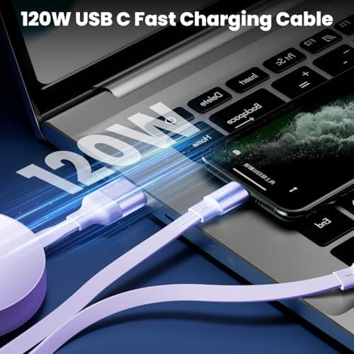 Diyuna Fast USB Multi Charger Cable, 120W 3 in 1 Multi Charging Cable with USB A/C, Charging Cable for Multiple Devices, Retractable Charger Cable Compatible for Phone, Pad, Laptop, Galaxy (Purple) — view 3