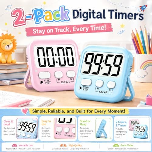 Antonki 2 Pack Digital Timer for Kids Teacher Kitchen - Soft Pink/Sky Blue — view 6