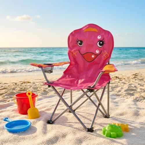 Envenzo Kids Folding Camping Chair, 4 Assorted Animal Designs, 600D Polyester, with Cup Holder and Security Lock, 35x35x60cm (1, PINK) — view 2