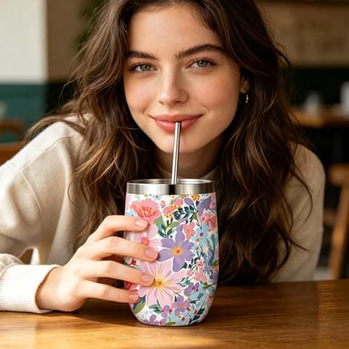 Flower Mug 12oz, Girls Travel Mug, Insulated Travel Coffee Mug with Lid and Straw, Stainless Steel Flower Cup for Ice Drinks Wine, Home Picnic, Ice Preservation, Gifts for Girls Women Flower Lovers — view 3