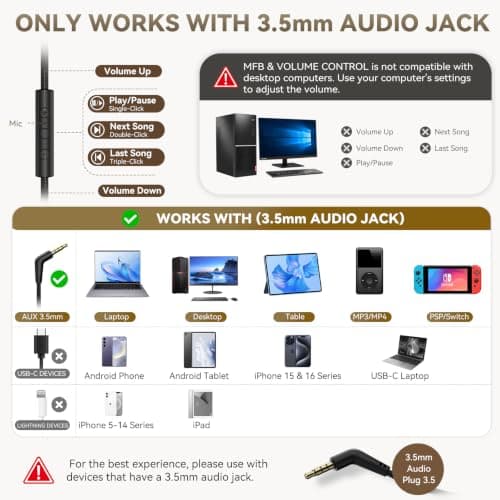 Wired Headphones with Mic, Over-Ear 3.5mm Corded Headphone for School Black — view 3