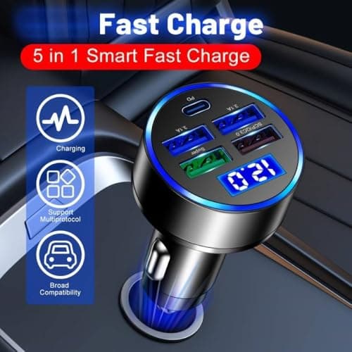 USB CAR CHARGER 5 Multi Port Car Charger 66W Super Fast Charger (4 type A Inputs/ 1 PD Input) For iphone 11/12/13/14/15 Samsung S21, S22, S23 & Google Pixel — view 3