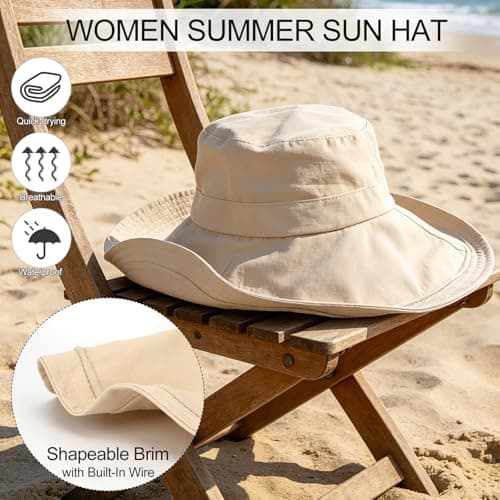 AYPOW Women Sun Hat UV Protection Wide Brim Bucket Hats, Quick-Drying Water-Resistant Fold Up Brim Summer Beach Cap, Foldable Adjustable Garden Caps for Outdoor Fishing Travel Hiking Beige — view 3