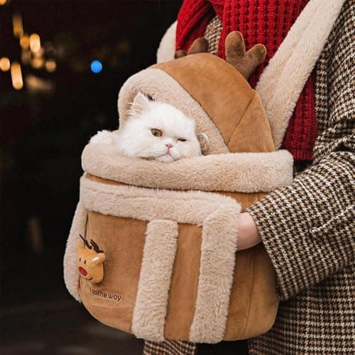 Reindeer-Shaped Pet Carrier Bag, Winter Warm Portable Pet Chest Mounted Carrier With Adjustable Drawstring Interactive Window, Pets Carriers For Cats Dogs Puppy Kitten Travel Hiking Outdoor Camping — view 2