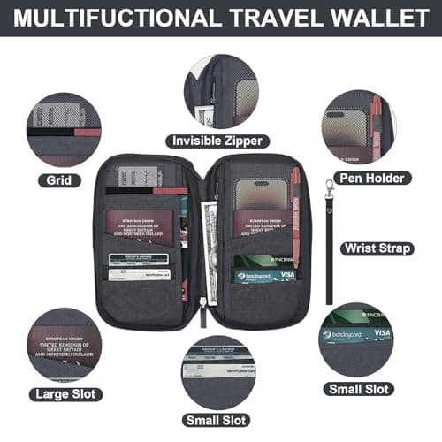 Passport Holder Travel Wallet, Large Capacity Travel Document Holder, RFID Blocking Waterproof Portable Travel Wallet Organiser for Cash Passport ID Card Credit Cards Flight Ticket Pen, Grey — view 3