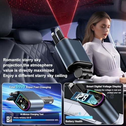120W Retractable Car Charger Fast Charge, 4 in 1 Car Charger Adapter with Retractable Cables and Voltage Display 12V Car USB Adapter Cigarette Lighter USB Charger Compatible with i Phone, Android, etc — view 4