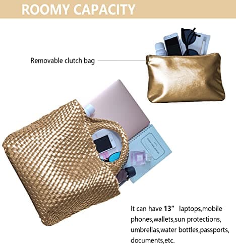 Dyalsa Woven Tote Bag for Women, Vegan Leather Handbag Large Summer Beach Bag and Purse Retro Handmade Travel Shoulder Bag (Gold) — view 5