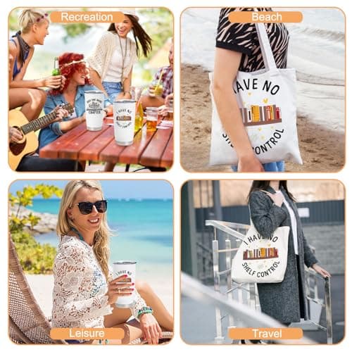 Onperpoe Book Lover Gifts Set, Canvas Bag and Stainless Steel Insulated Cup with Straw and Lid, Double Wall Vacuum Travel Coffee Tumbler Set Books Tote Bag Gifts for Book Lovers — view 6